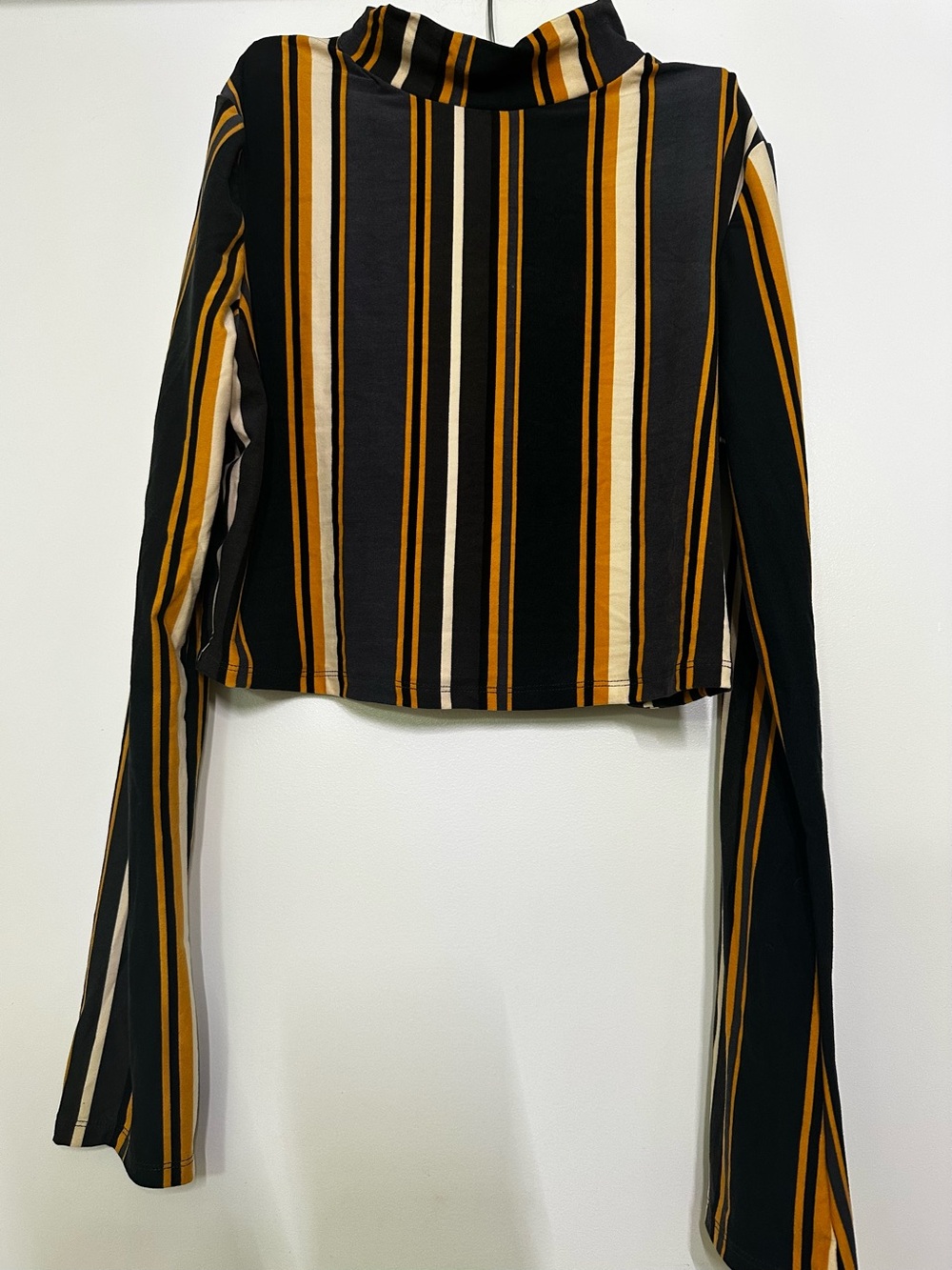 feathers Striped Mock Neck Long-Sleeve Crop Top - Black, Mustard, Cream
